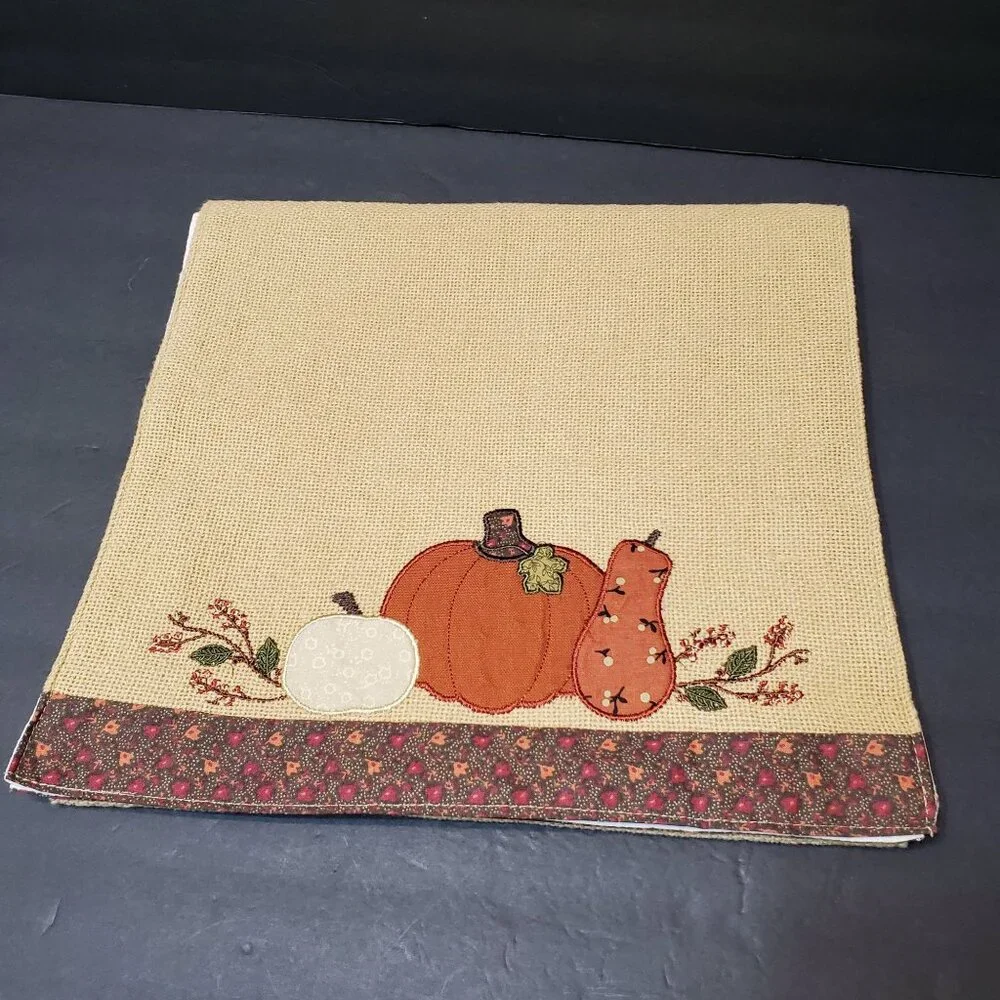 Pumpkin Harvest Table Runner, Applique, Tan Canvas, Lined, Fall Autumn Decor